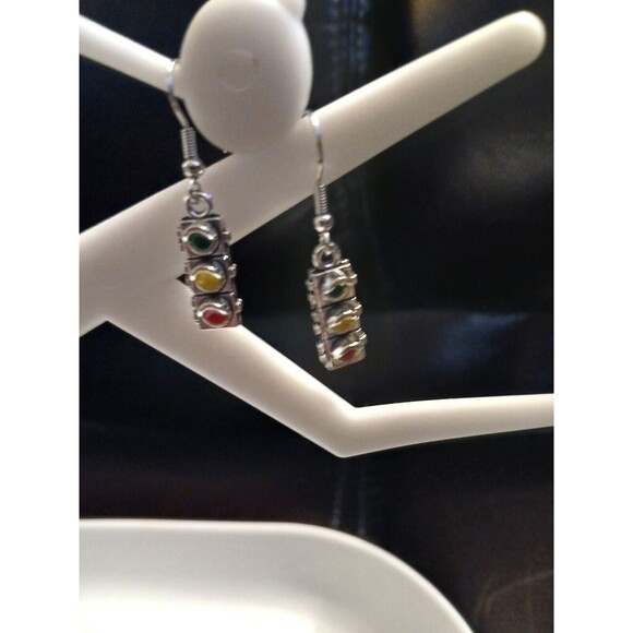 Stop Light Earrings Silver Dangle Red Green Yellow - Picture 6 of 8
